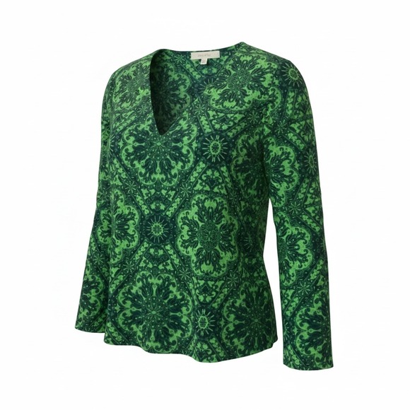 LOFT Tops - Loft Green Medallion Paisley V-Neck Blouse Long Sleeve Bubble Cuff Top Large